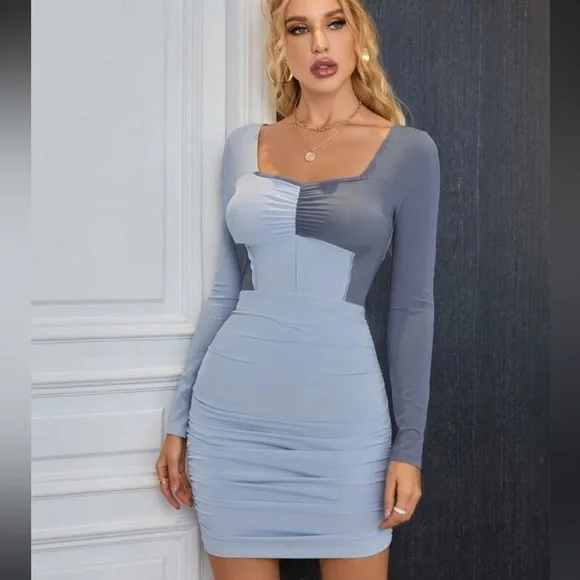 SHEIN BAE Colorblock Rib-Knit Ruched Body con Dress SZ M Blue - Picture 5 of 11